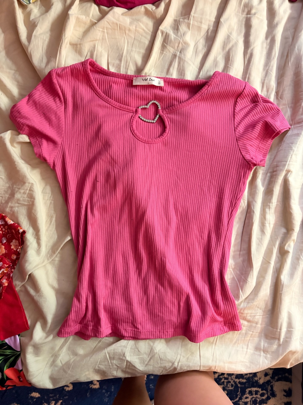 Wild Fable Pink Ribbed Short Sleeve Top with Heart Cutout